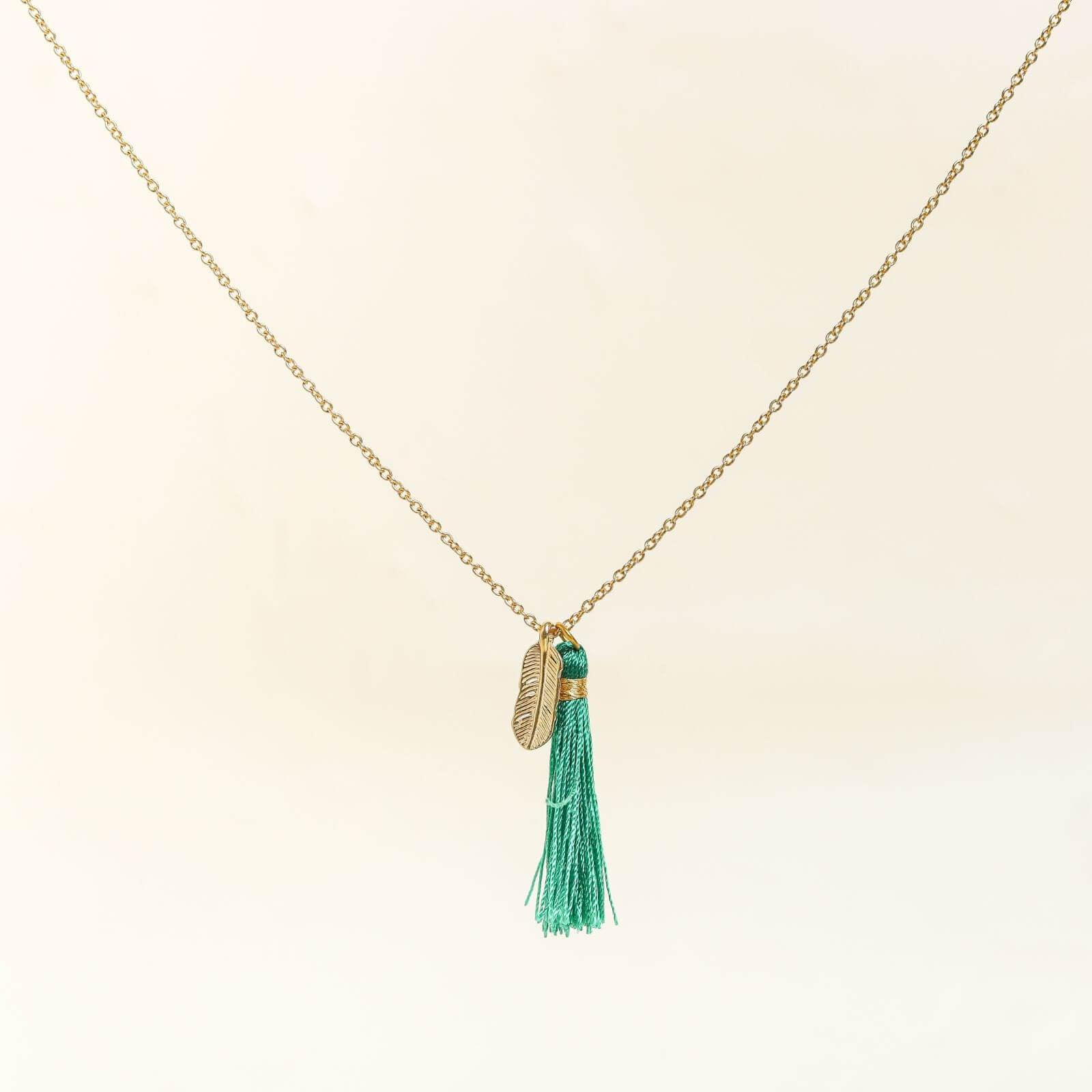 Gold Necklace with Green Feather Accents - praijing